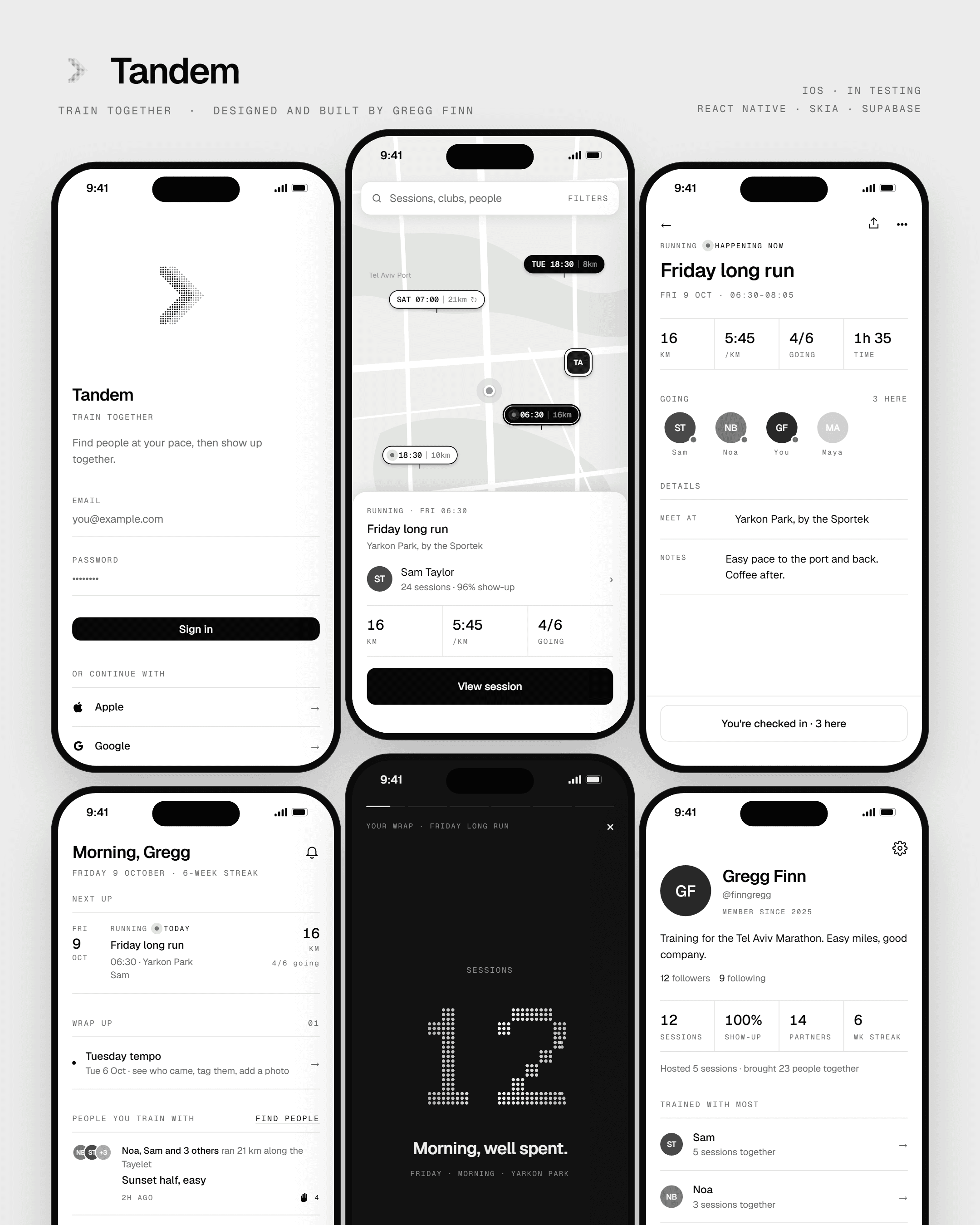 Tandem on iPhone: the map of sessions near you, a live session with check-ins, Home, the wrap after a session, and a profile
